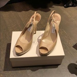 Jimmy Choo Crocodile, tan, peep toe sling backs